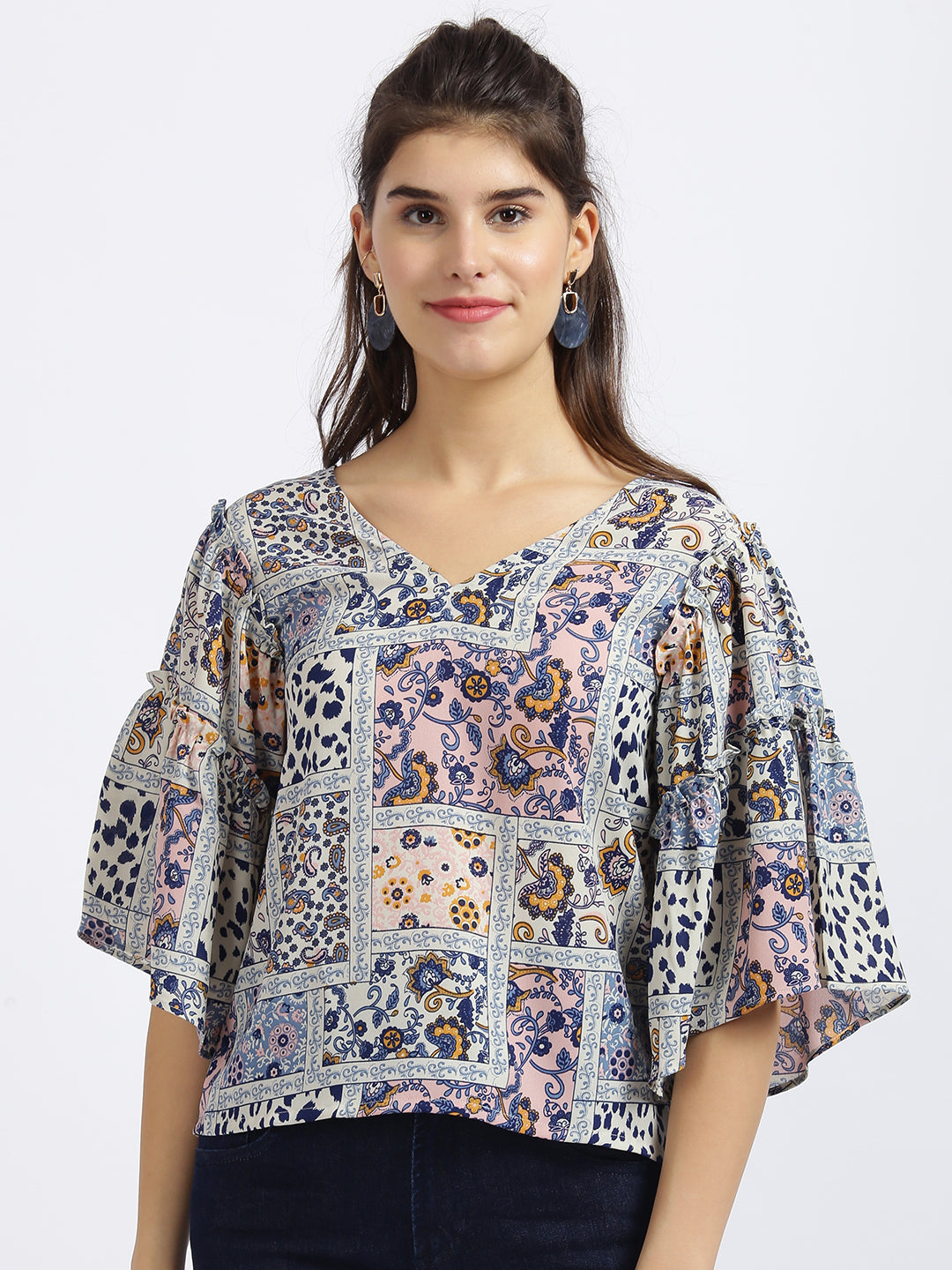 White Tribal Print Regular Top
