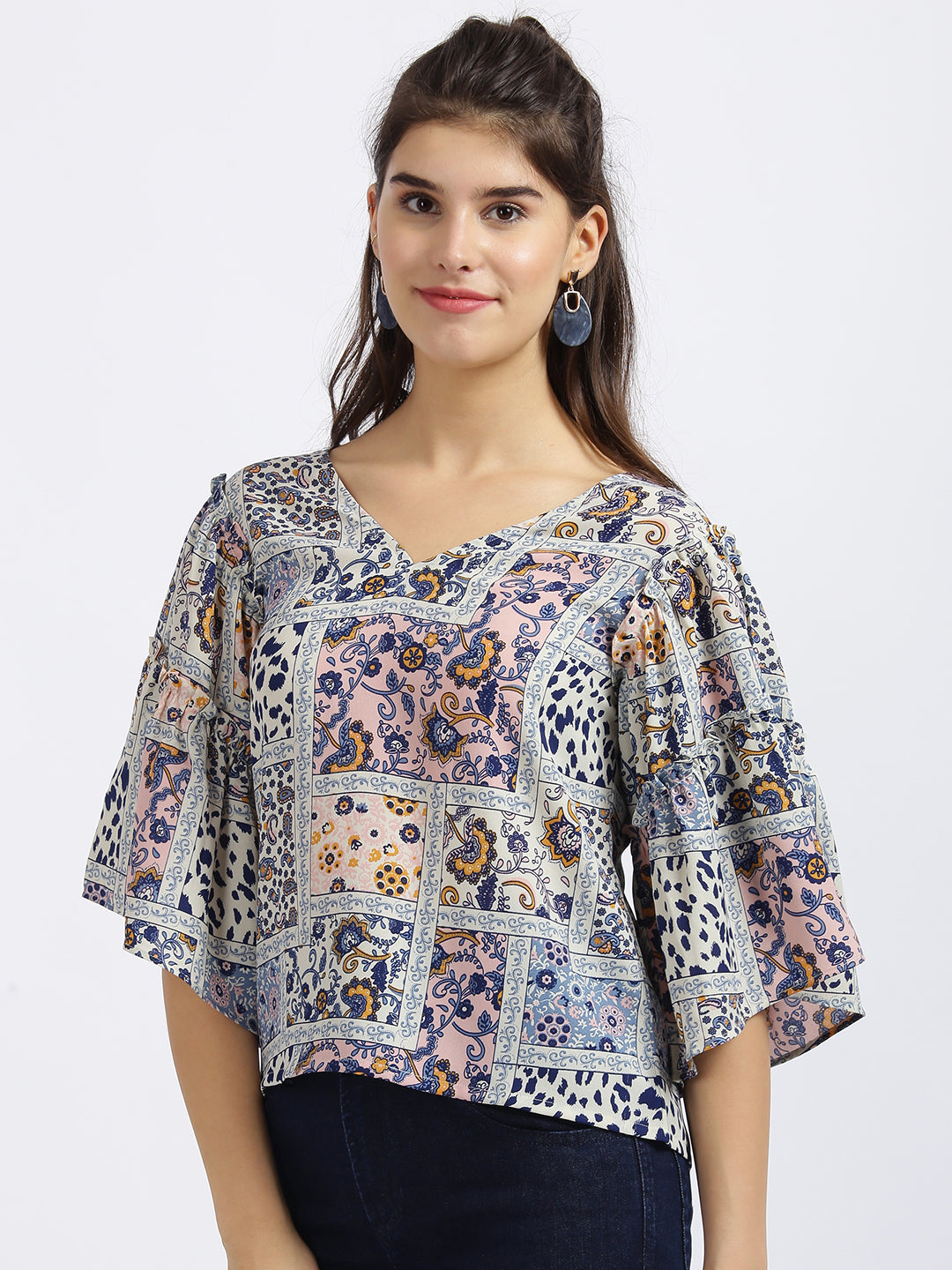 White Tribal Print Regular Top