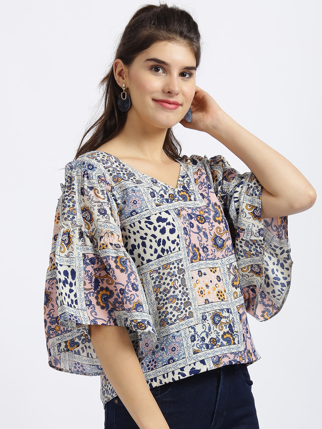 White Tribal Print Regular Top