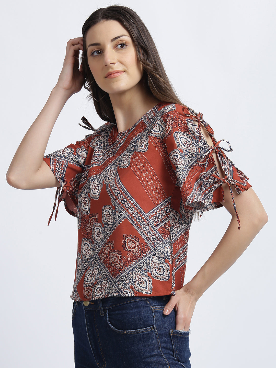 Brown Bohemian Slit Sleeve Top