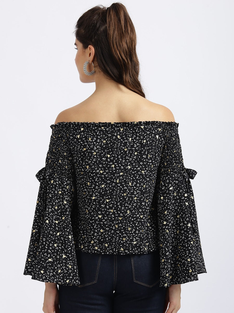 Black Printed Off-shoulder Top
