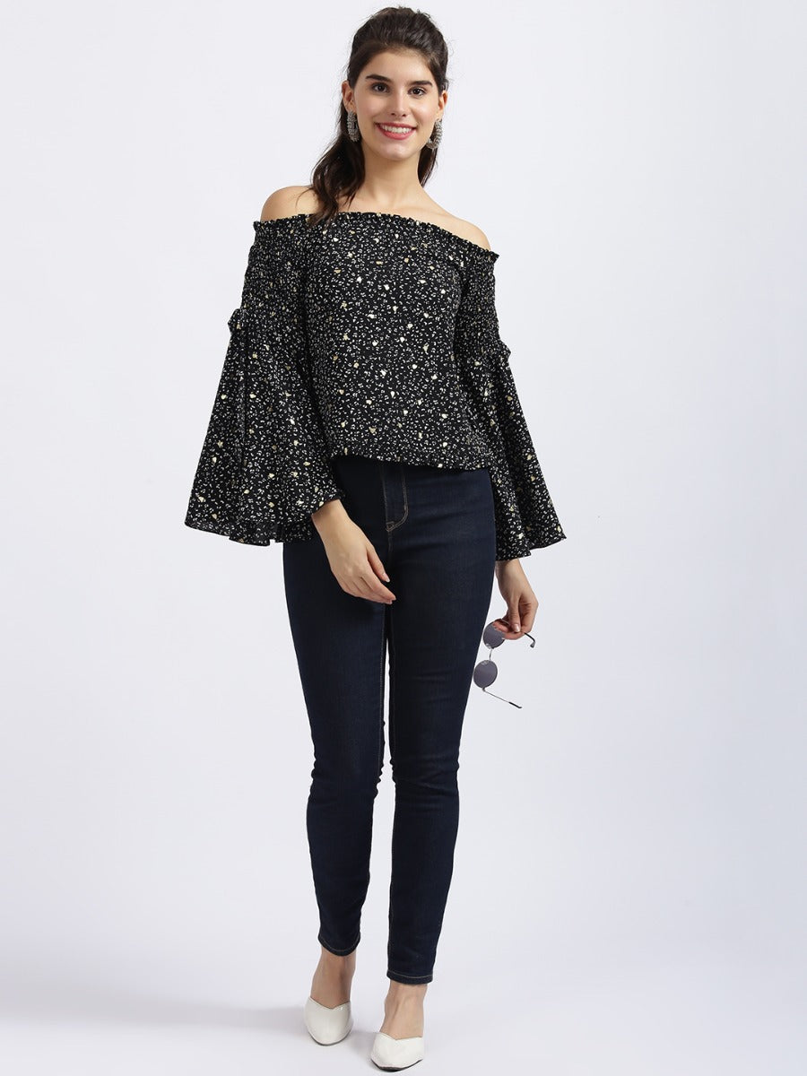 Black Printed Off-shoulder Top