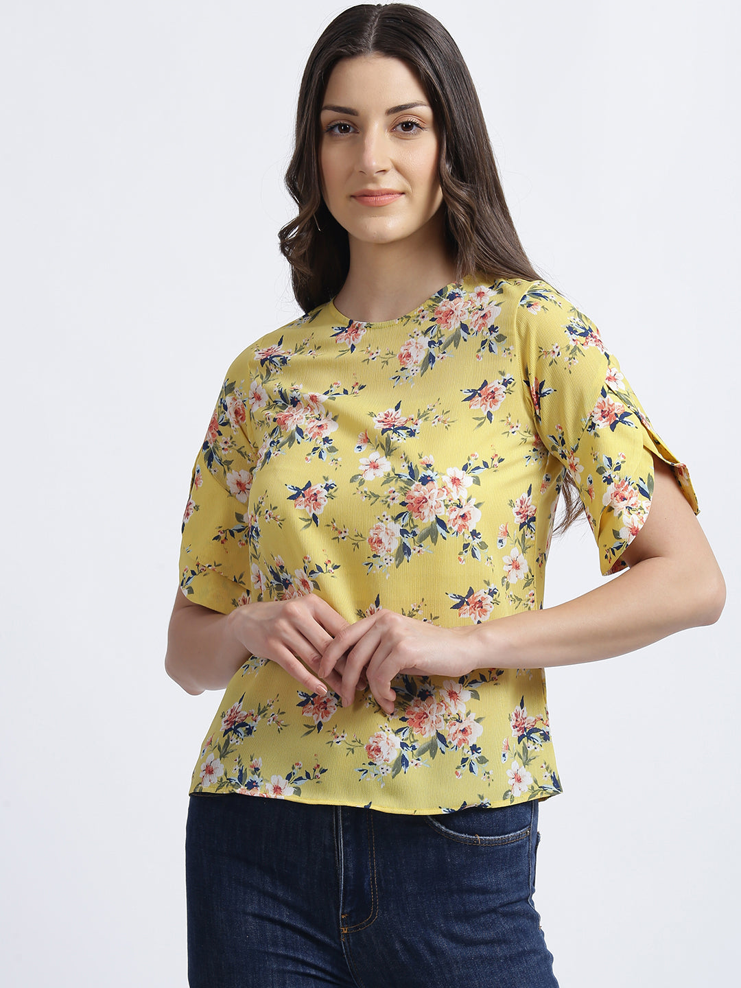 Yellow Floral Print Regular Top