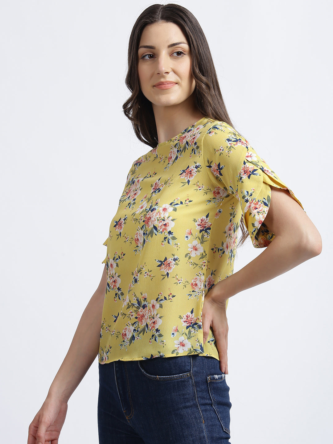 Yellow Floral Print Regular Top