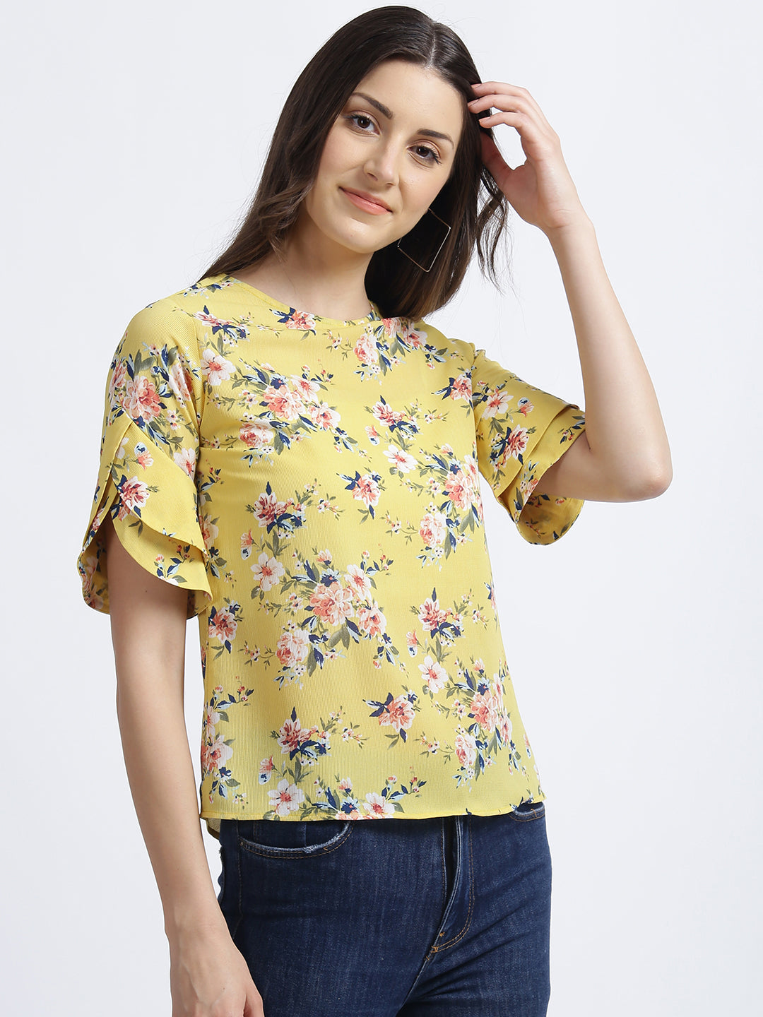 Yellow Floral Print Regular Top
