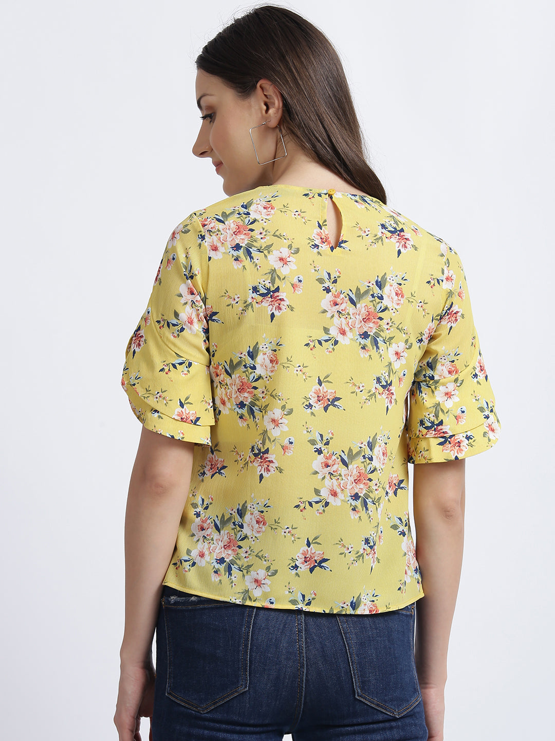 Yellow Floral Print Regular Top