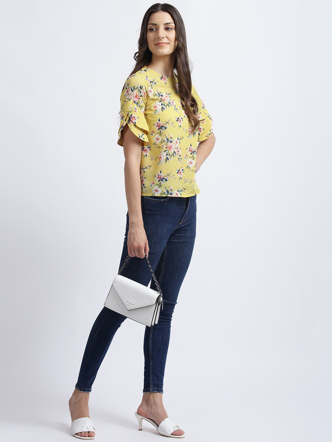 Yellow Floral Print Regular Top