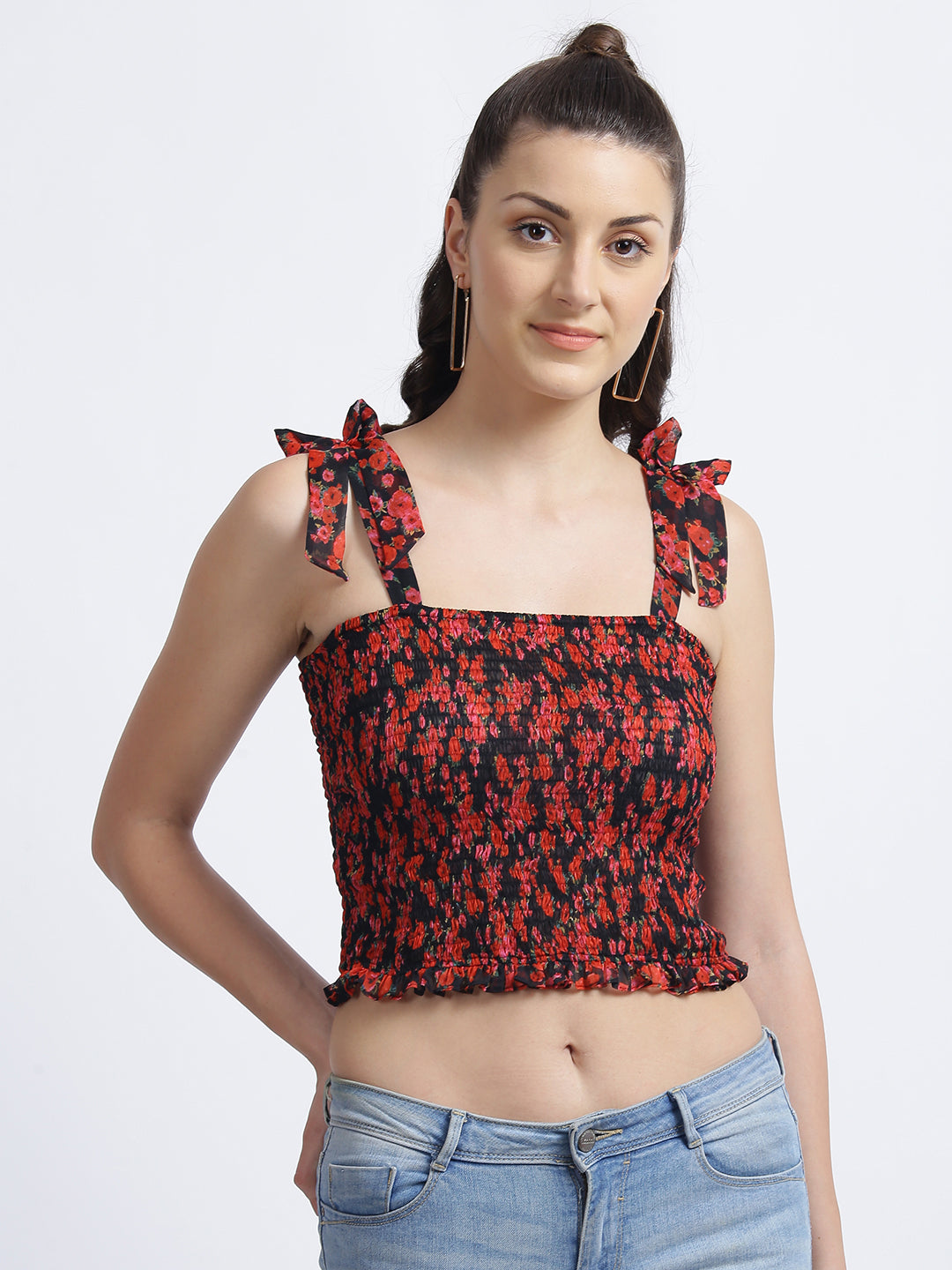 Red & Black Floral Printed Cropped Top