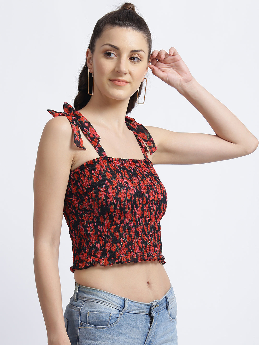 Red & Black Floral Printed Cropped Top
