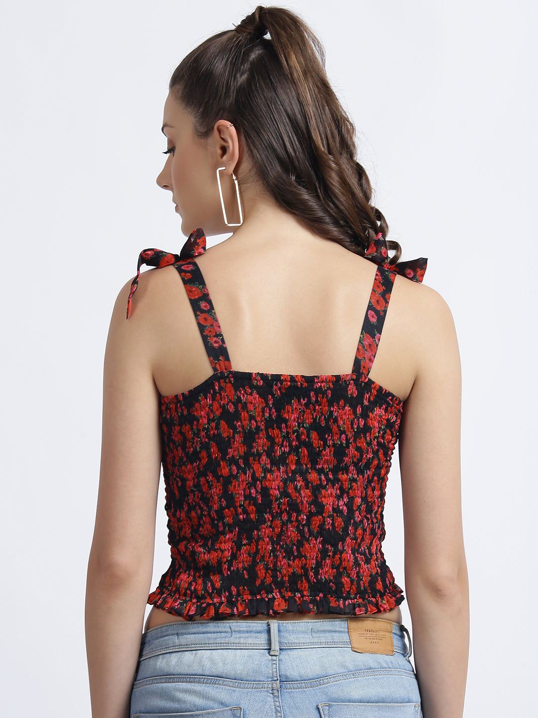 Red & Black Floral Printed Cropped Top