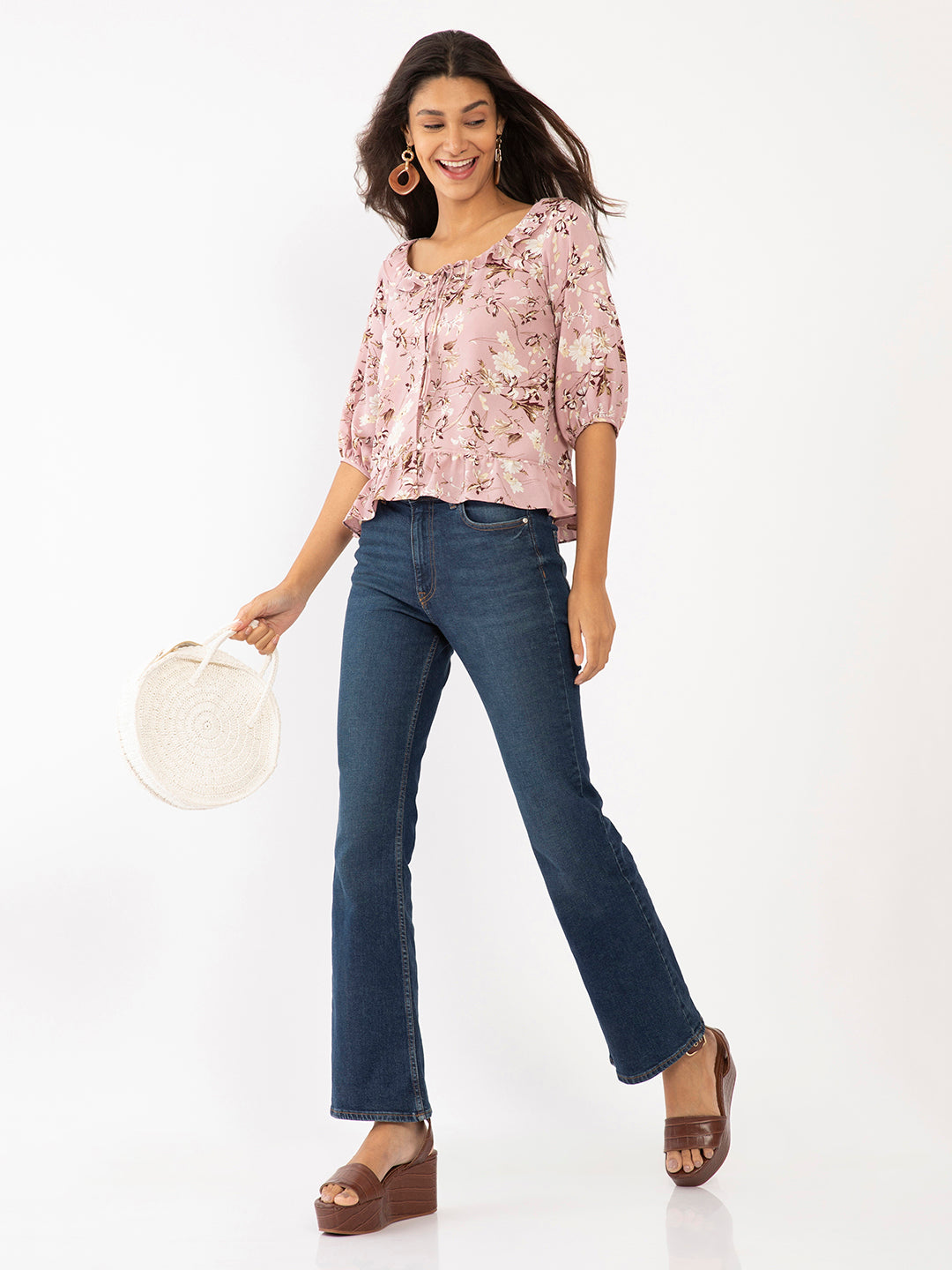 Pink Floral Print Ruffled Top