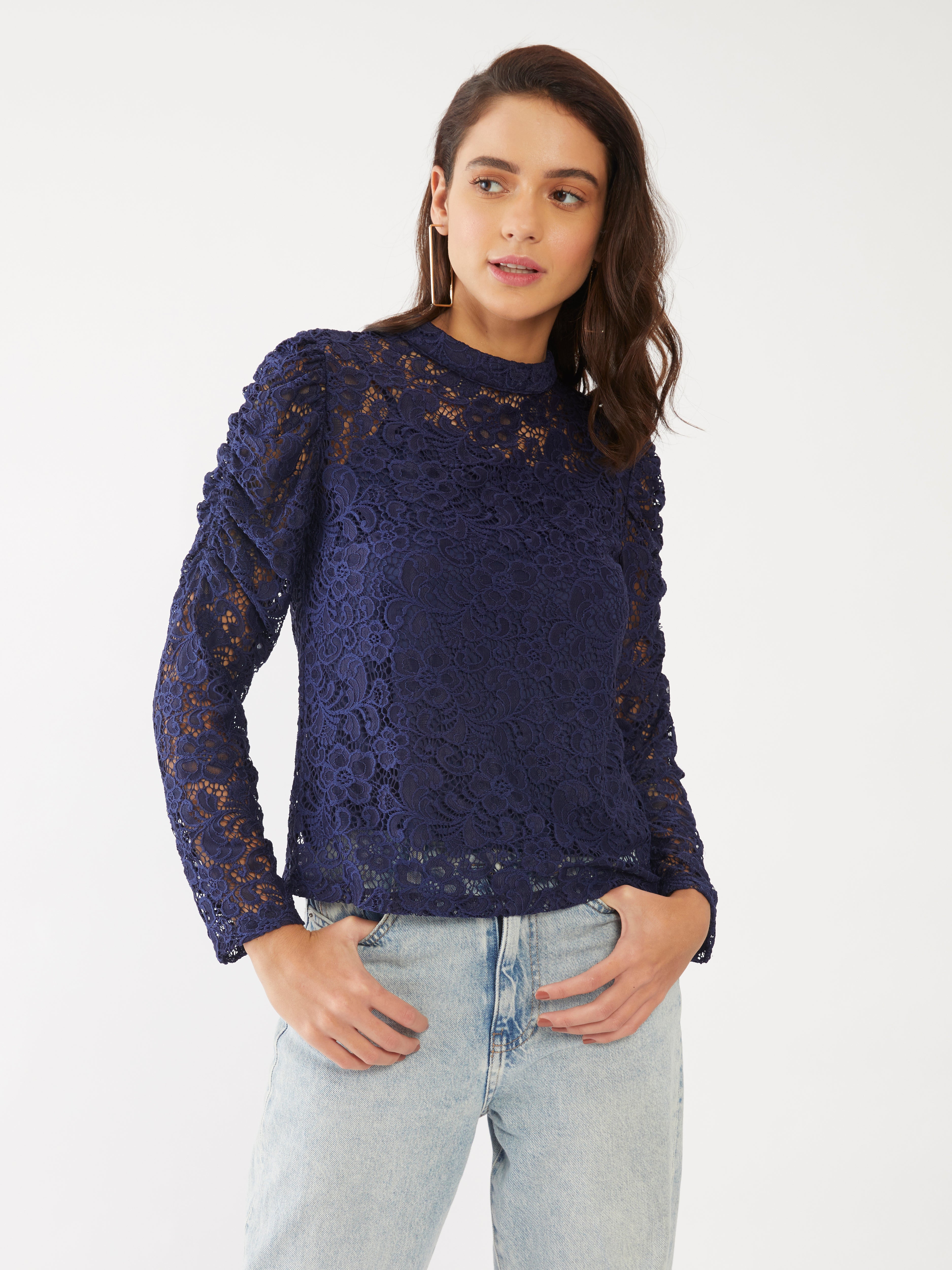 Blue Lace Puff Sleeve Top