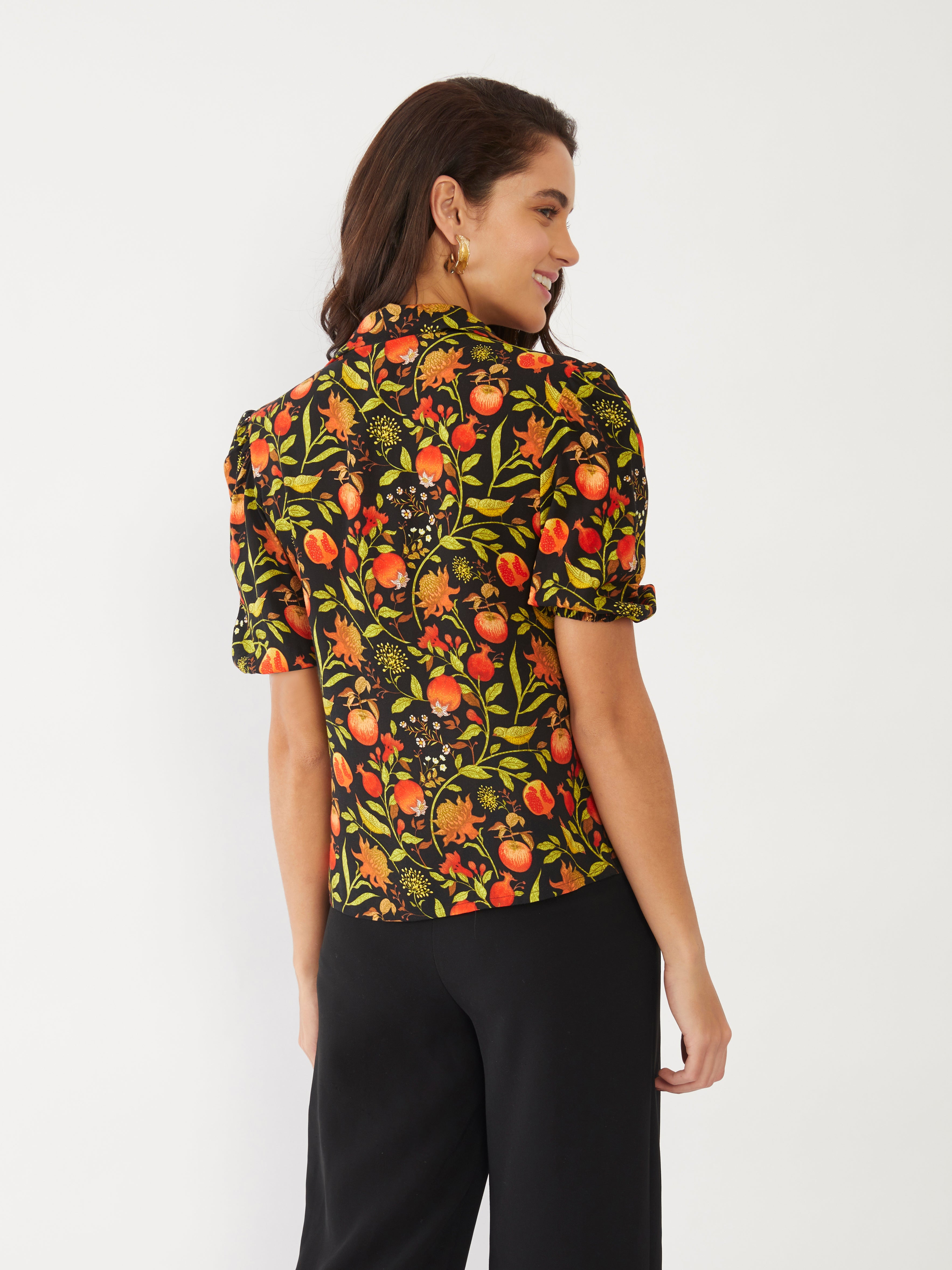 Black Tropical Print Puff Sleeve Top