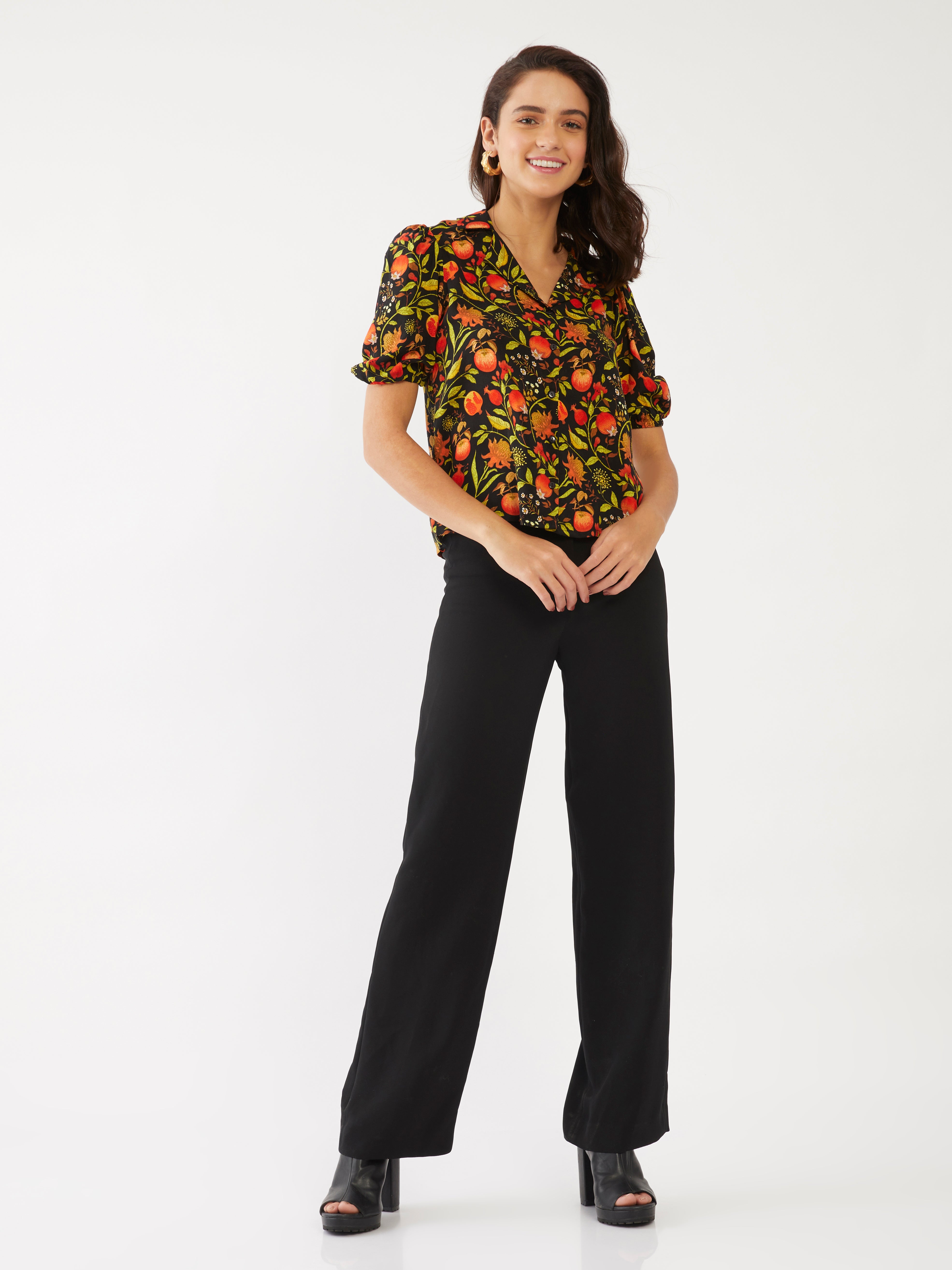 Black Tropical Print Puff Sleeve Top