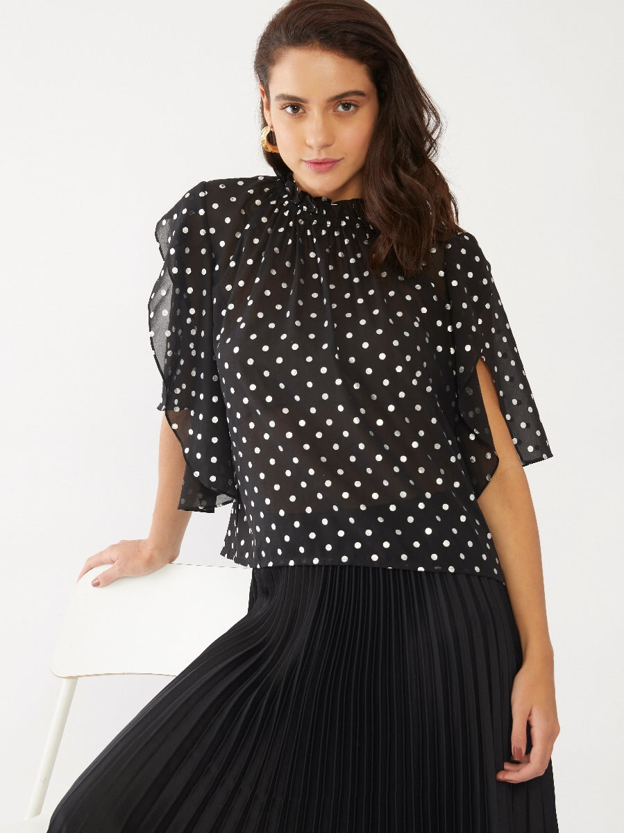 Black Polka Gathered Top