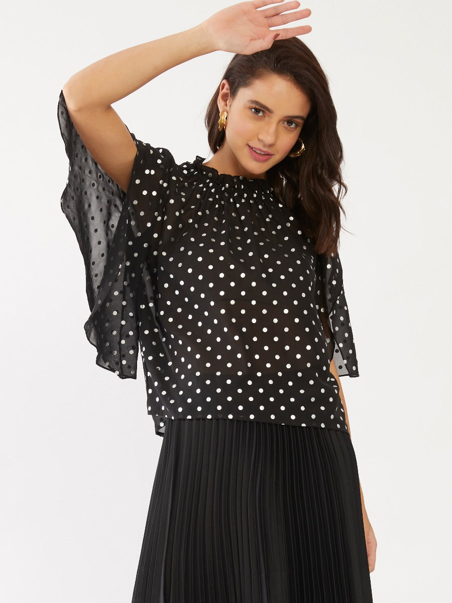 Black Polka Gathered Top