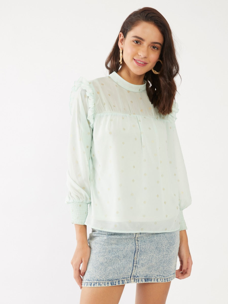 Green Polka Ruffled Top