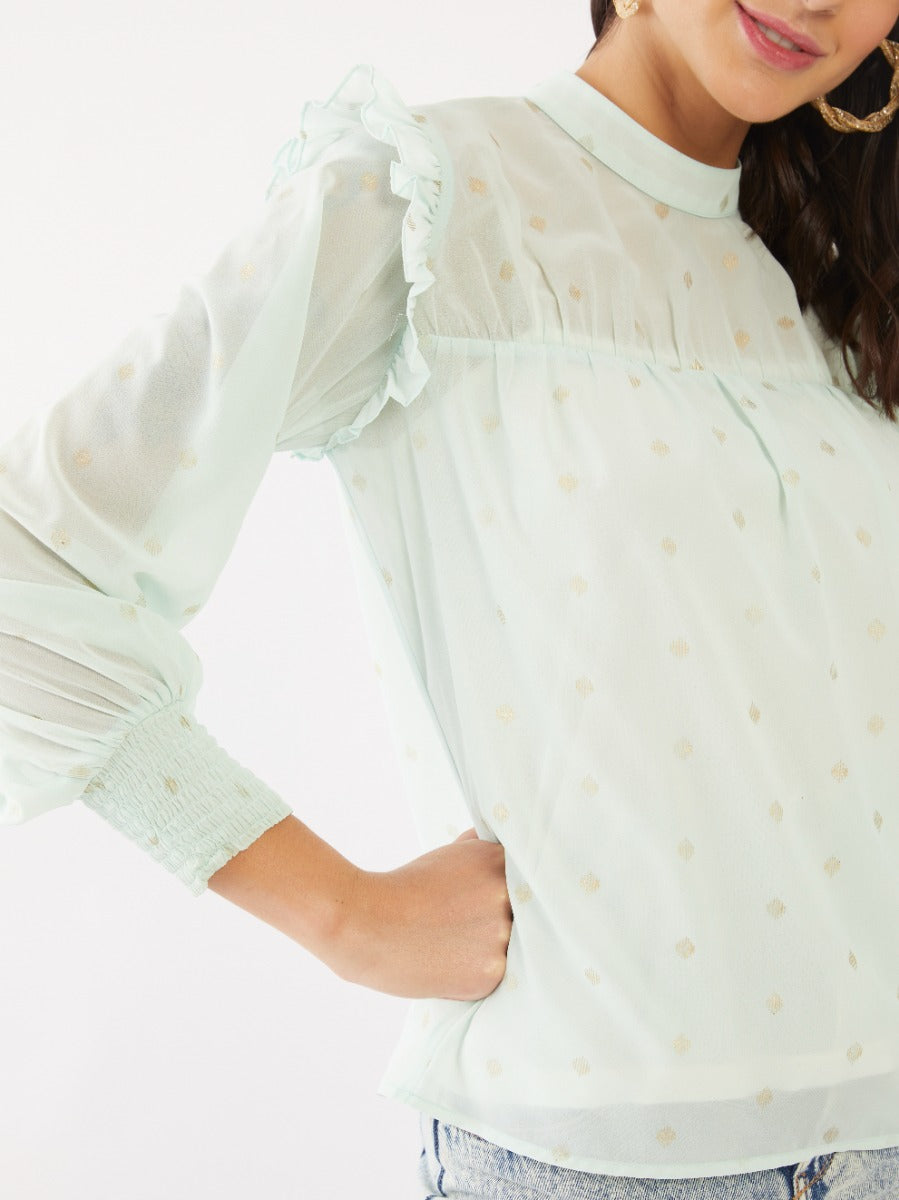 Green Polka Ruffled Top