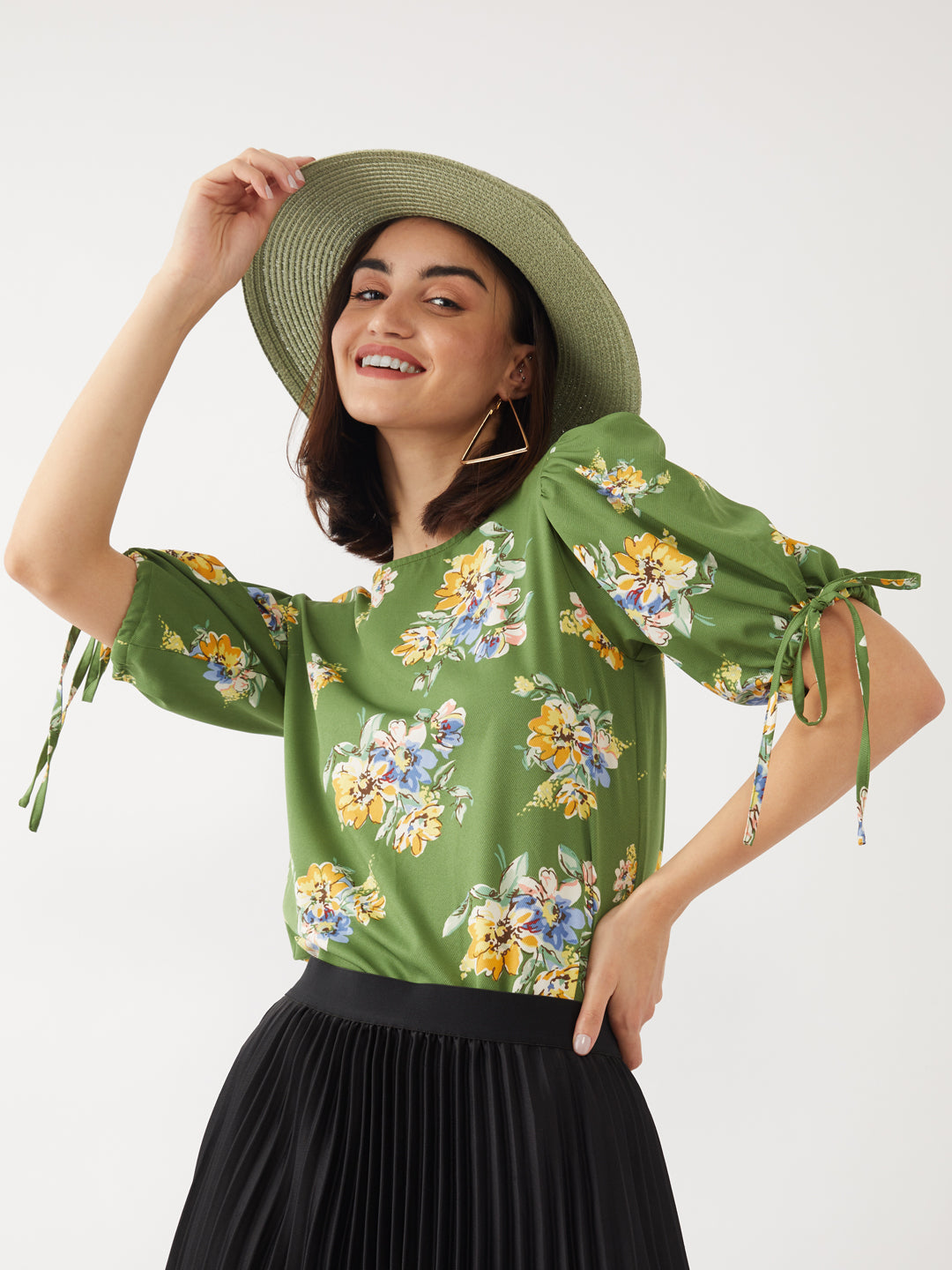 Green Printed Puff Sleeve Top