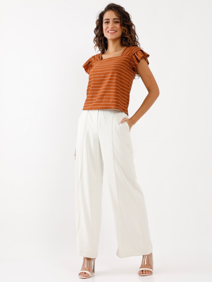 Brown Printed Ruffled Top