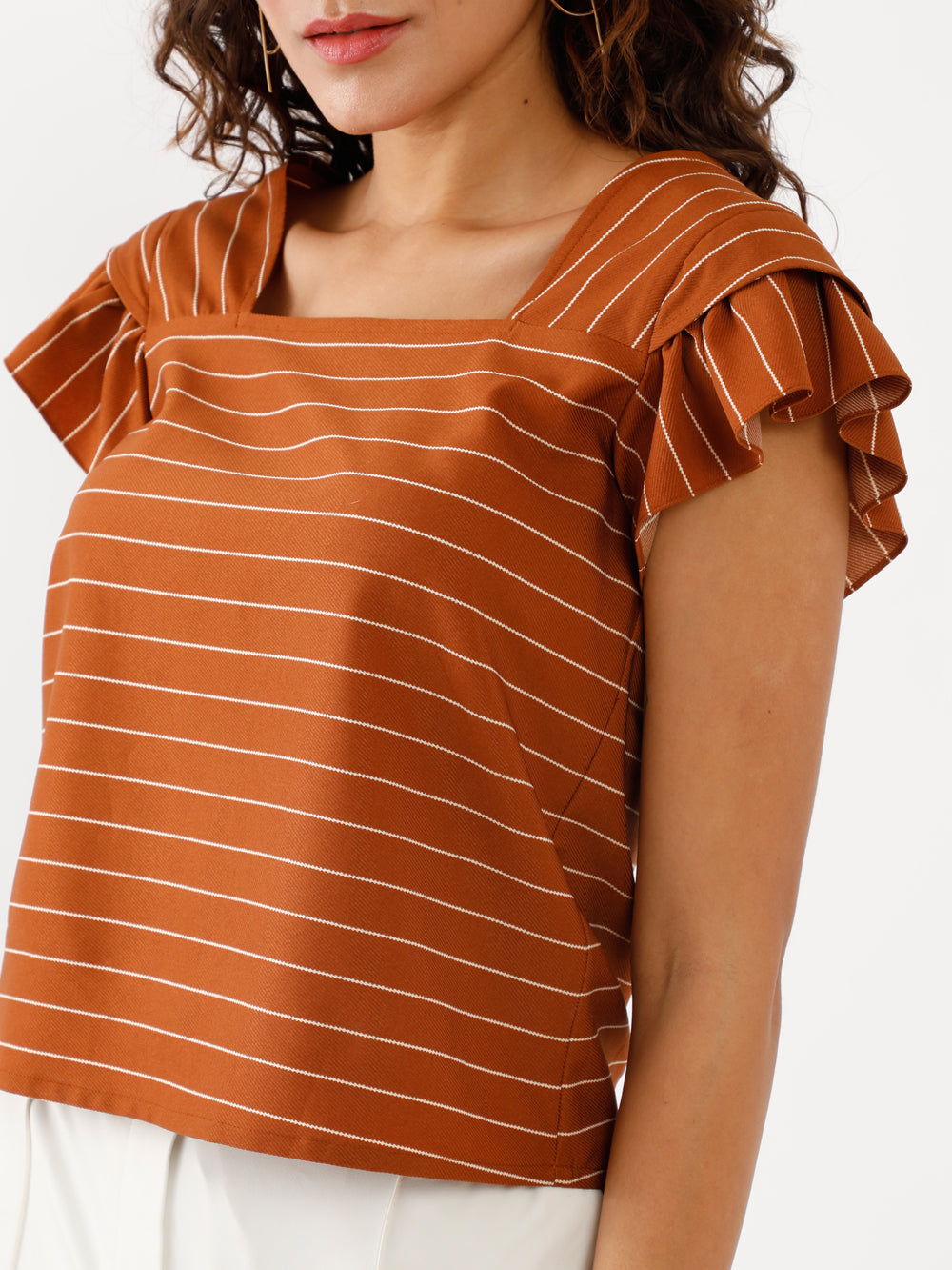 Brown Printed Ruffled Top