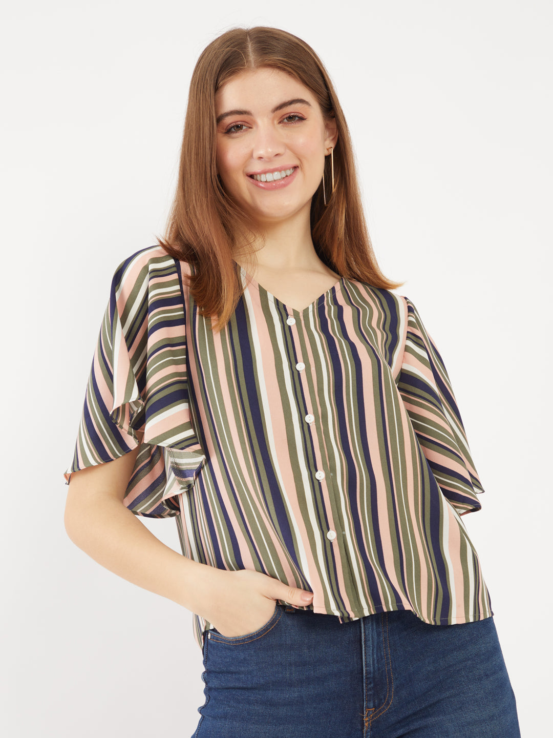 Multicolored Printed Flared Sleeve Top