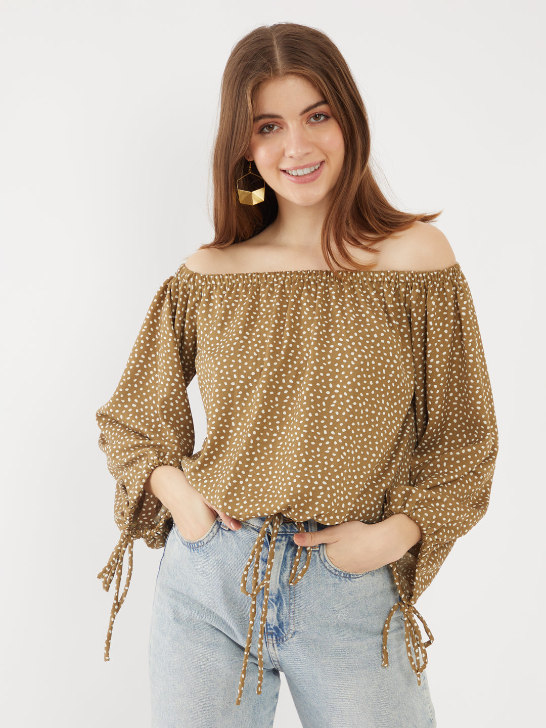 Green Printed Off-shoulder Top