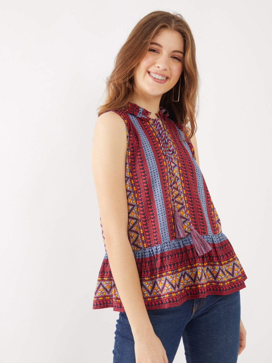 Multicolored Printed Tie-Up Top