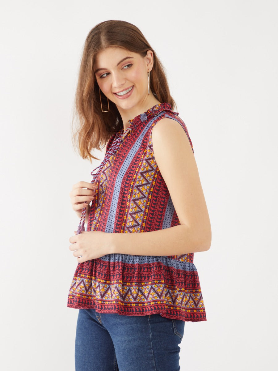 Multicolored Printed Tie-Up Top