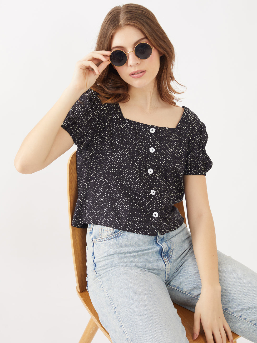 Black Printed Puff Sleeve Top