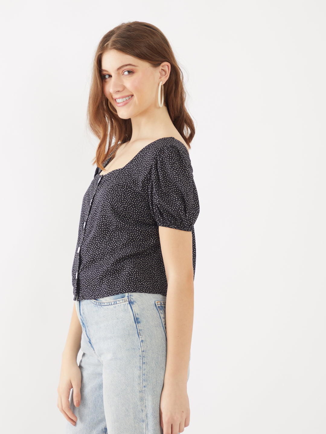 Black Printed Puff Sleeve Top