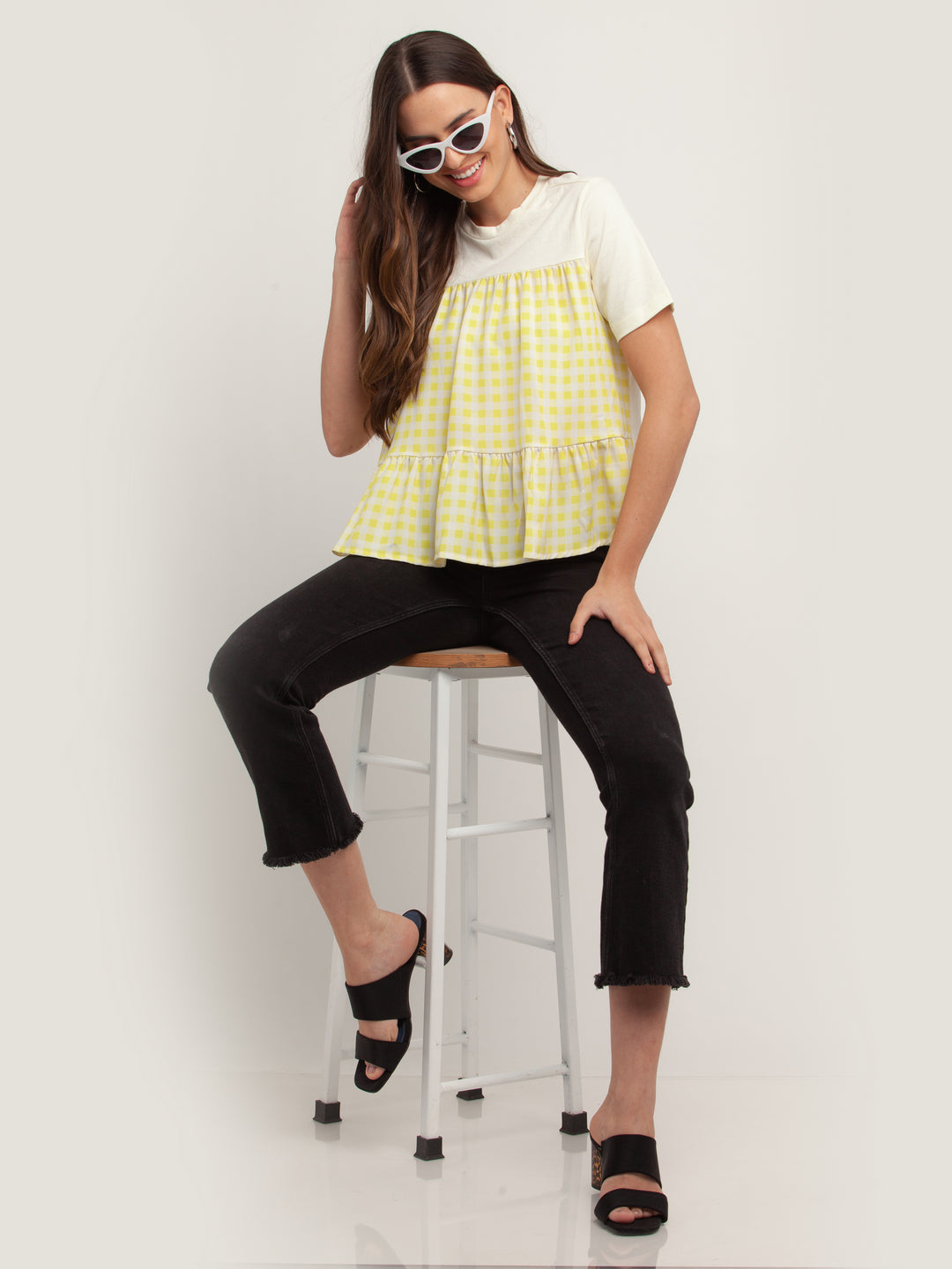 Off White Checked Short Sleeves Top