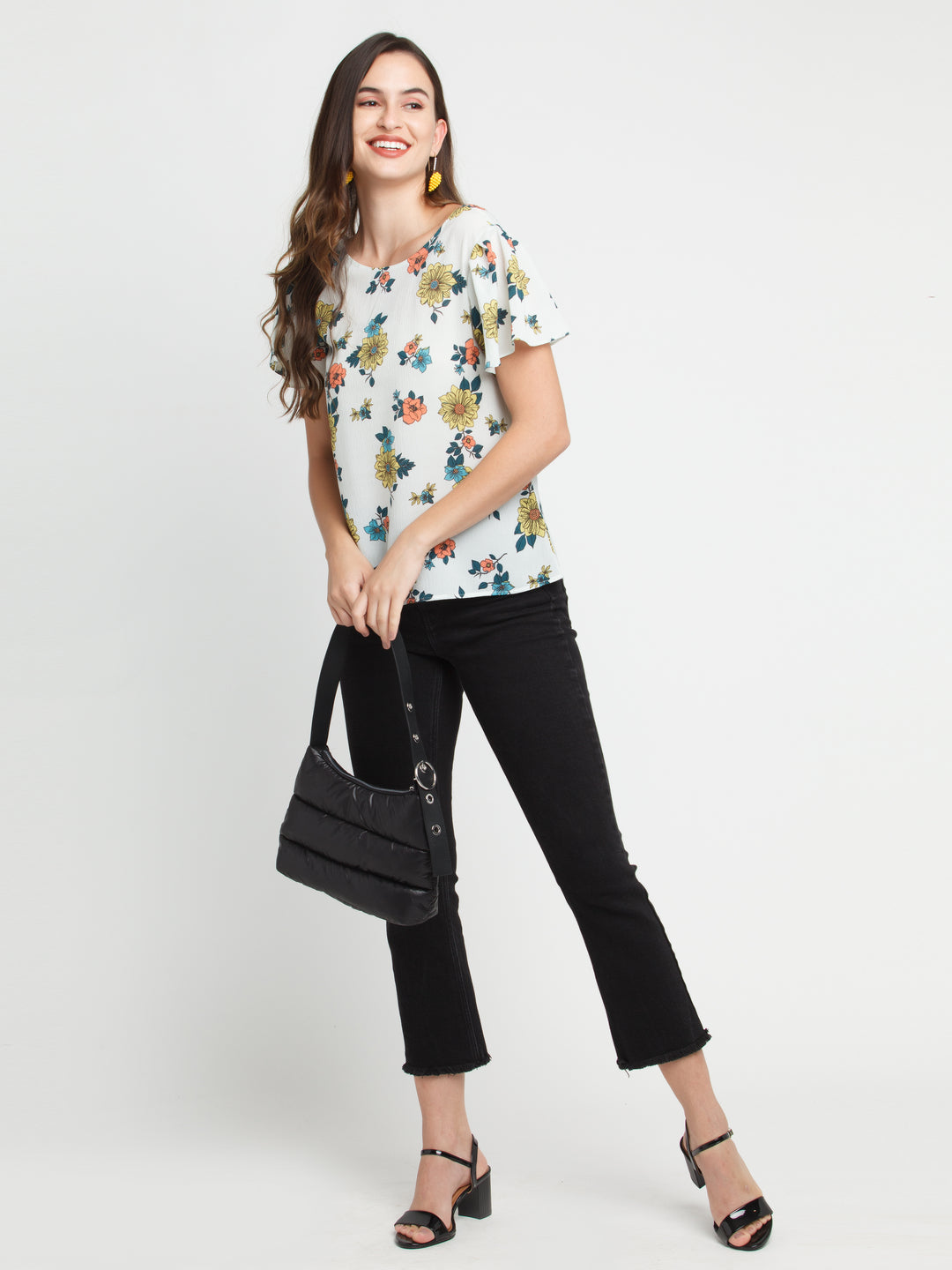 Off White Printed Flared Sleeve Top