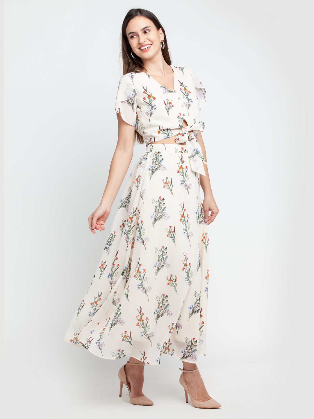 Off White Printed Tie-Up Top
