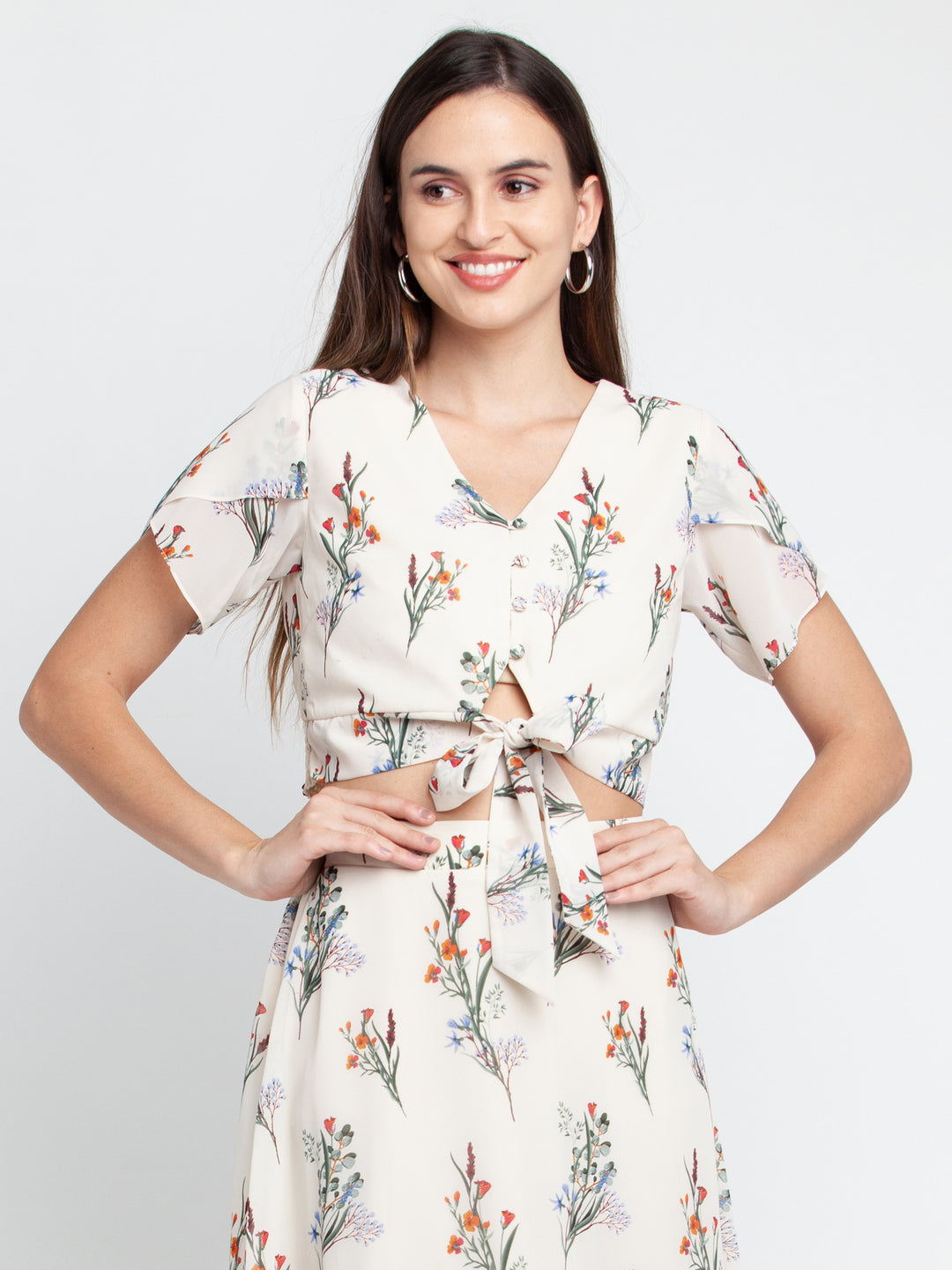 Off White Printed Tie-Up Top
