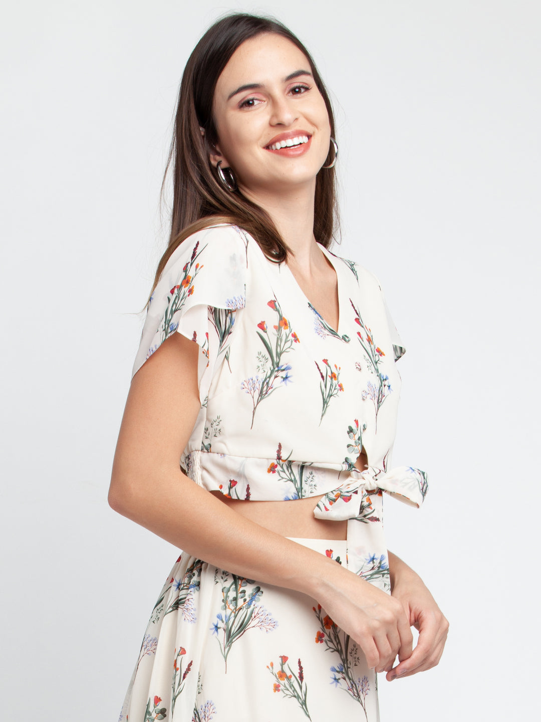 Off White Printed Tie-Up Top