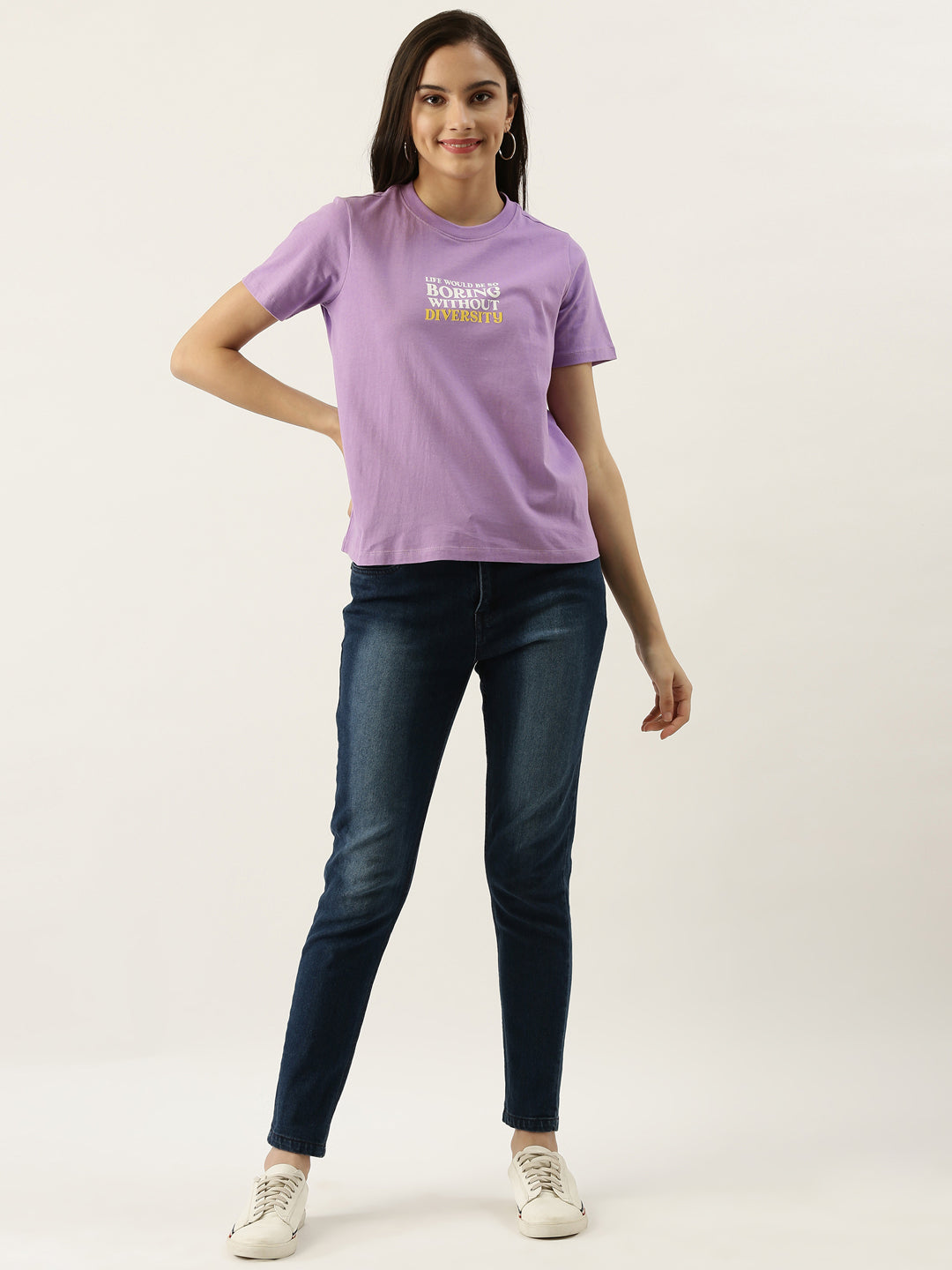 Purple Slogan Print Regular T-Shirt