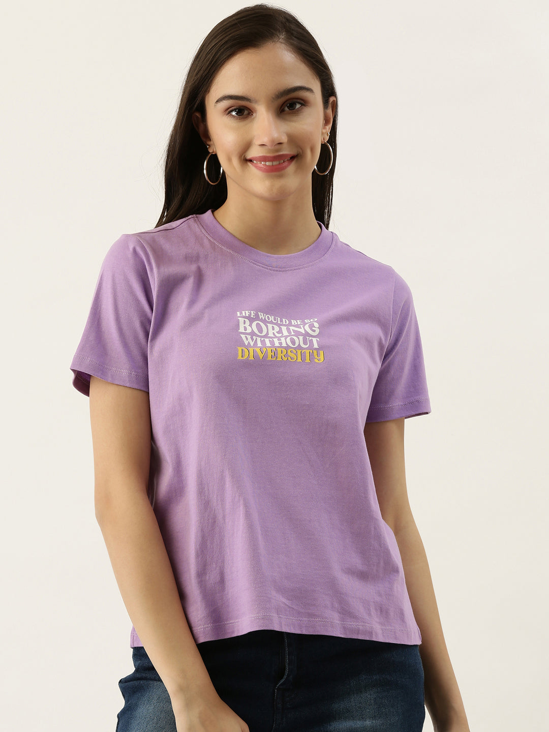 Purple Slogan Print Regular T-Shirt