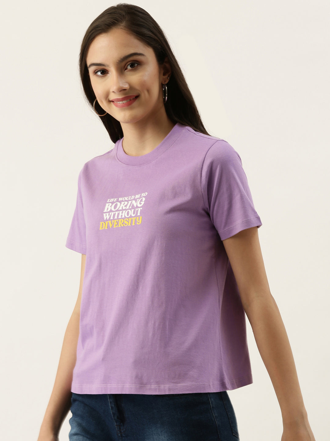 Purple Slogan Print Regular T-Shirt