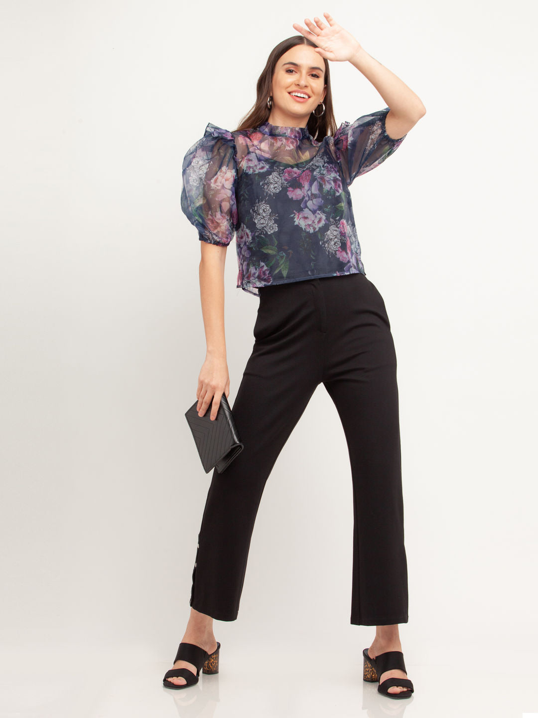Navy Blue Printed Puff Sleeve Top