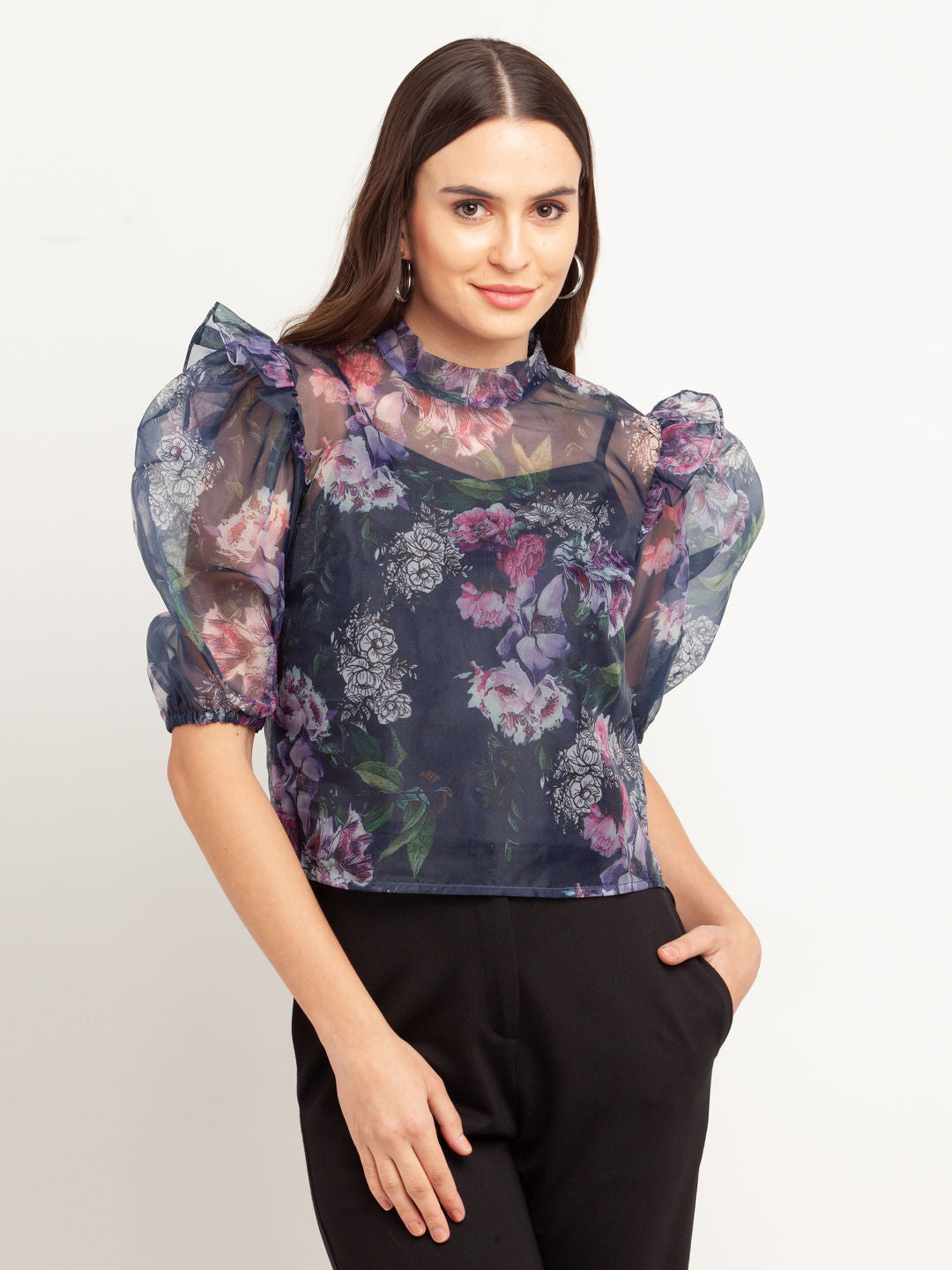 Navy Blue Printed Puff Sleeve Top
