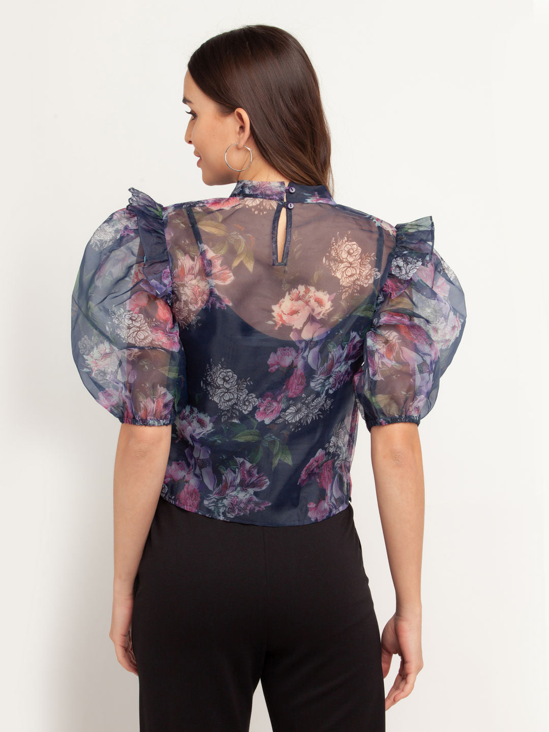 Navy Blue Printed Puff Sleeve Top