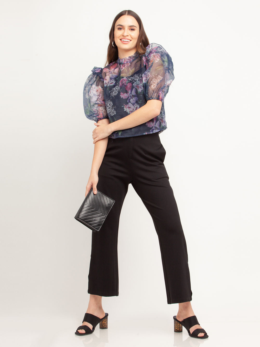 Navy Blue Printed Puff Sleeve Top