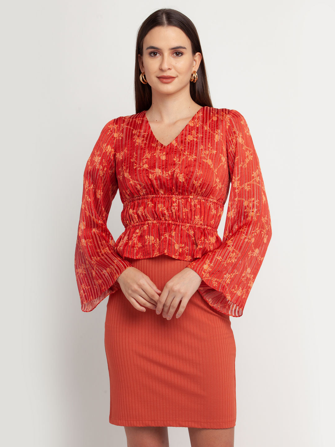 Rust Printed Flared Sleeve Top