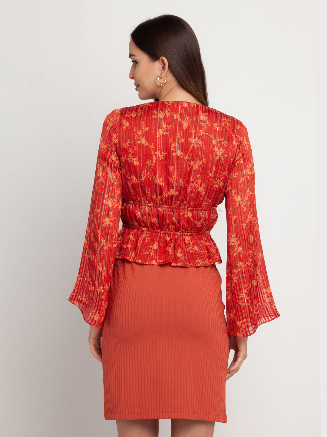 Rust Printed Flared Sleeve Top