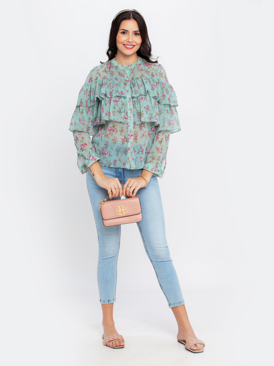 Green Printed Gathered Top