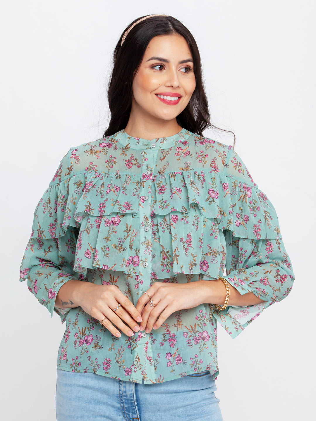 Green Printed Gathered Top