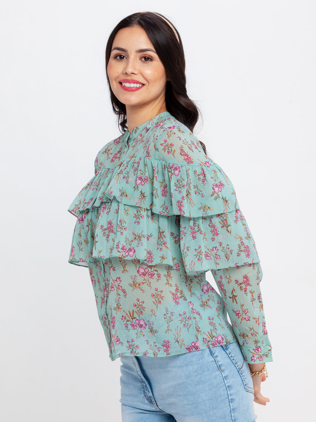 Green Printed Gathered Top
