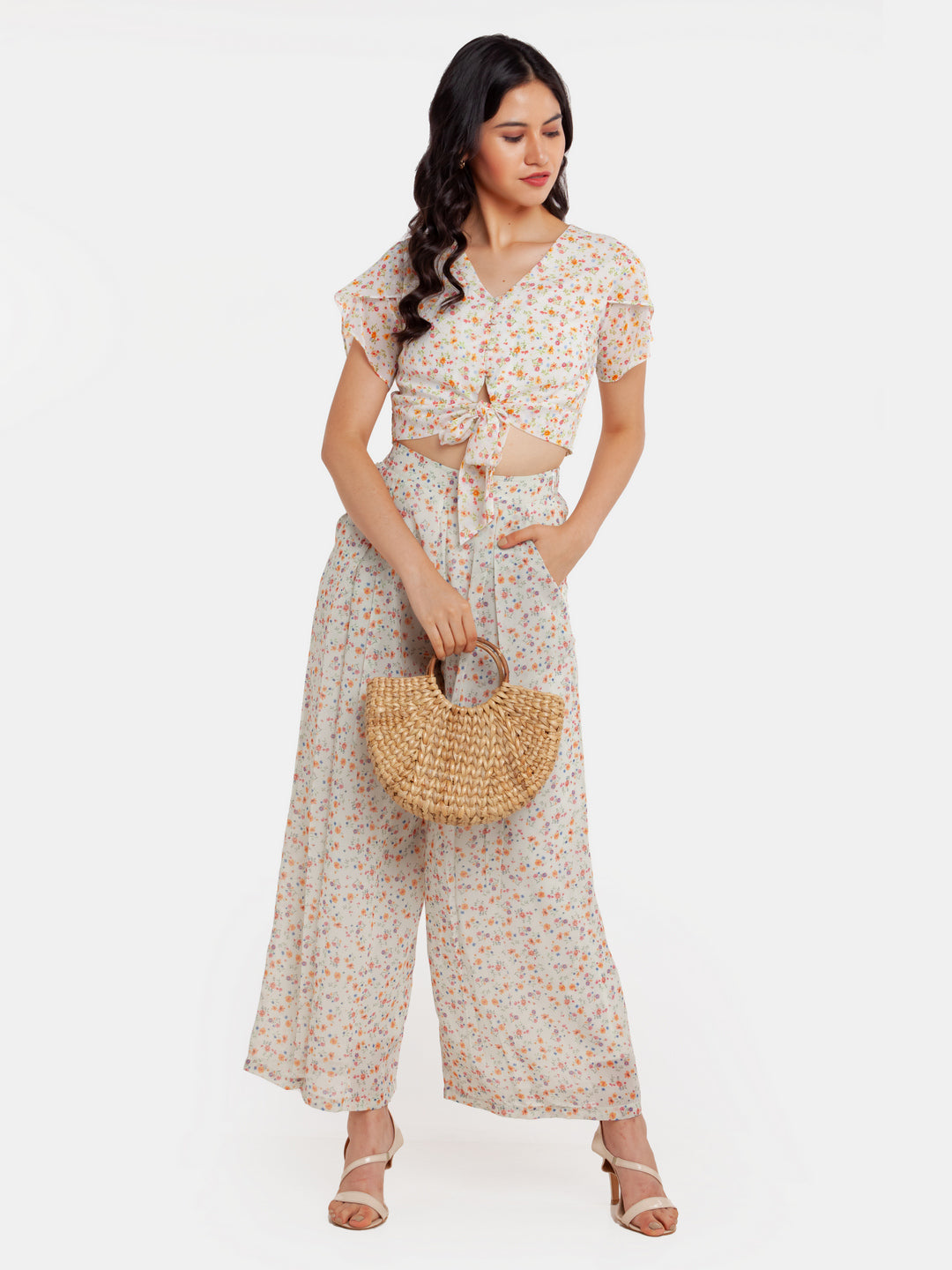 Off White Printed Tie-Up Top