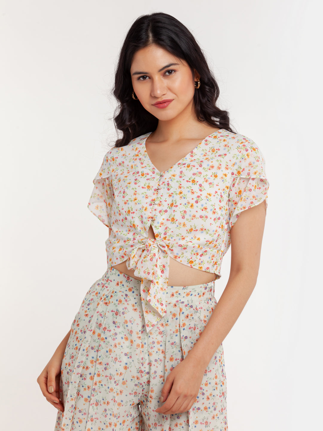 Off White Printed Tie-Up Top